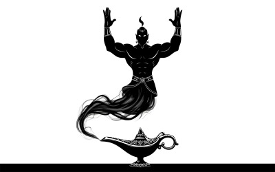 肌肉发达的精灵的黑色剪影从华丽的灯中浮现，双手单独出现，背景为白色。