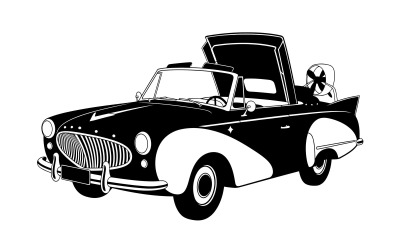 Schwarze Silhouette eines Oldtimer-Cabrios mit geöffnetem Verdeck, isoliert auf weißem Hintergrund