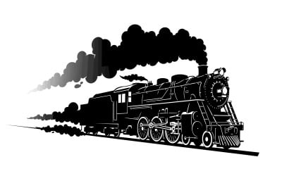 Silhouet van een zwarte stoomtreinlocomotief met rook, geïsoleerd op een witte achtergrond.