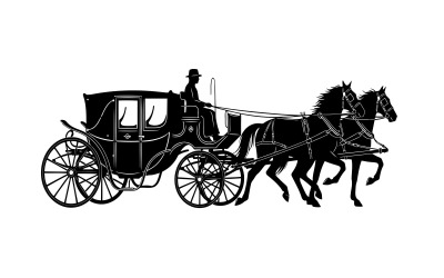 Silhueta preta de uma carruagem puxada por cavalos com cocheiro isolada em fundo branco.