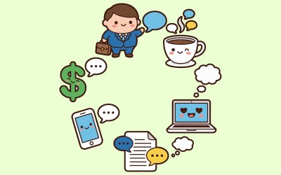 Söt Kawaii Business Ikon Illustration Set för Marknadsföring, Finans och Kontorsbruk