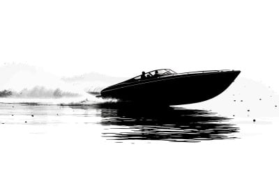 Speedboat silhouette speeding across calm water in black shadow profile isolated on white background
