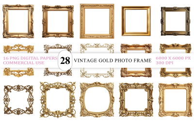 Elegant Golden Photo Frame PNG Bundle | Decorative Golden Picture Frames PNG