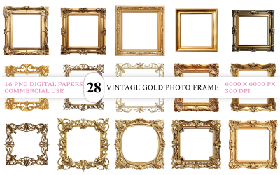 Elegant gyllene fotoram PNG-paket | Dekorativa gyllene tavelramar PNG