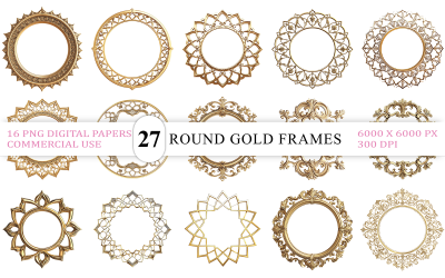 Floral Mandala Gold Frame Clipart | Decorative Gold Mandala Frame PNG Bundle