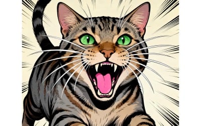 Close Up Portrait Cat Screaming (Ai Illustration Image + Vector Line Art)