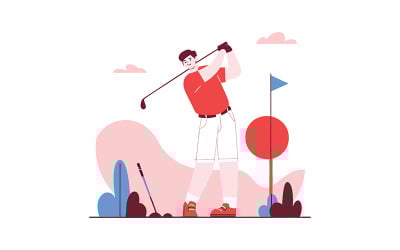 Un niño jugando al golf en el parque. Archivo vectorial.
