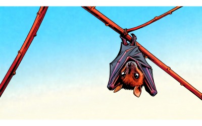 Close Up Bat Hanging Branch (Ai Illustration Image + Vector Line Art)