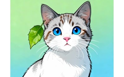 Close Up Portrait White Kitten (Ai Illustration Image + Vector Line Art)