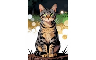 Closeup Vertical Shot Cute Gray Cat Blurred Background (Ai Illustration Image + Vector Line Art)