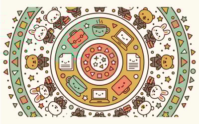 Cute Office Background Pattern With Kawaii Business And Workspace Icons
