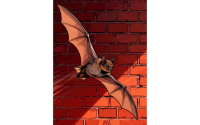 Flying Pipistrelle Bat Front Brick Wall (Ai Illustration Image + Vector Line Art)