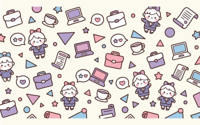 Fundo ilustrado kawaii perfeito para negócios com ícones de escritório e trabalho.