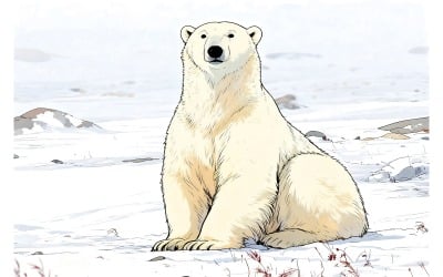 Polar Bear Is Sitting Snow Tundra Canada (Ai Illustration Image + Vector Line Art)