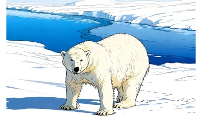 Polar Bear Pack Ice 1 (Ai Illustration Image + Vector Line Art)