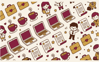 Schattig kawaii-achtergrondpatroon voor zakelijke doeleinden met kantoorpictogrammen en decoratieve elementen.