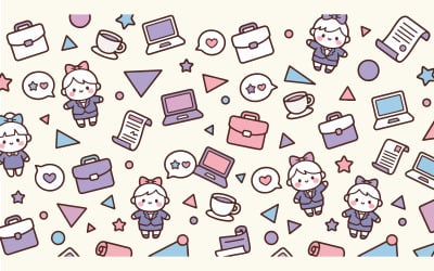 Seamless Kawaii Business Illustration Background With Office And Work Icons