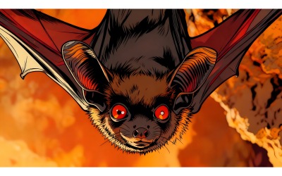 Vampire Bat Hanging Upside Down Cave With Glowing Red Eyes (Ai Illustration Image + Vector Line Art)