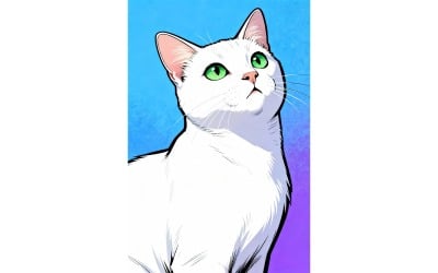 Beautiful Cat With White Fur Green Eyes (Ai Illustration Image + Vector Line Art)