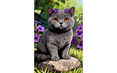 British Grey Shorthair Kitten Sitting Rock Grass (Ai Illustration Image + Vector Line Art)