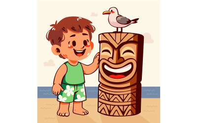 Caricatura de un niño con un pájaro en una estatua tiki