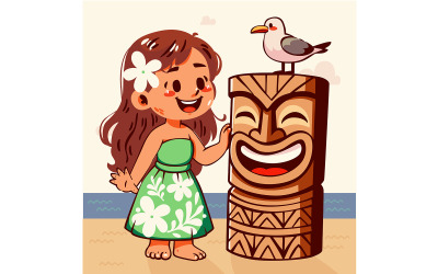 Caricatura de una niña sosteniendo felizmente una estatua Tiki