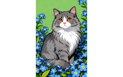 Cat Forgetmenot Blue Flowers Green Background (Ai Illustration Image + Vector Line Art)