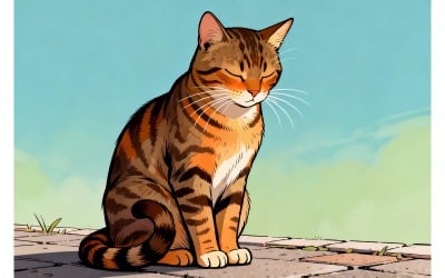 Cat Sitting With Eyes Closed (Ai Illustration Image + Vector Line Art)