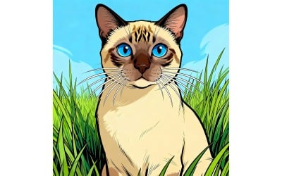 Cat With Blue Eyes White Nose Is Looking Up (Ai Illustration Image + Vector Line Art)