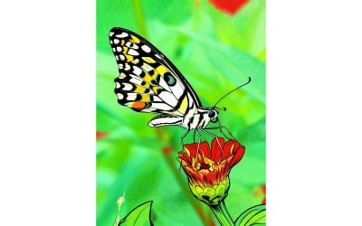 Close Up Butterfly Pollinating Flower 1 (Ai Illustration Image + Vector Line Art)