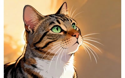 Closeup Adorable Striped Cat Outdoors Sunlight (Ai Illustration Image + Vector Line Art)
