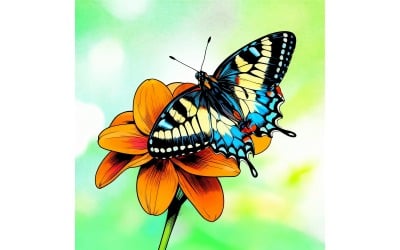 Closeup Butterfly Pollinating Pink Flower (Ai Illustration Image + Vector Line Art)