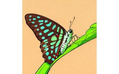 Closeup Papilio Machaon Sitting Leaf Sunlight Background (Ai Illustration Image + Vector Line Art)
