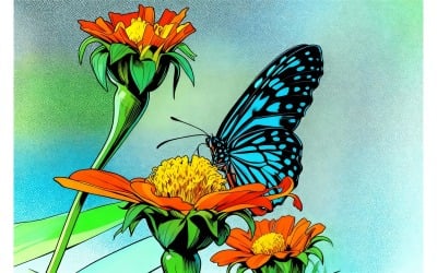 Closeup Shot Beautiful Butterfly Orange Petaled Flower (Ai Illustration Image + Vector Line Art)