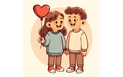 "FREE" Cartoon Boy and Girl Happily Holding Heart-Shaped Balloons