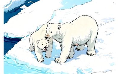 Polar Bear Ursus Maritimus Mother Cub Pack (Ai Illustration Image + Vector Line Art)