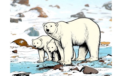 Polar Bear With Cubs Tundra Canada (Ai Illustration Image + Vector Line Art)