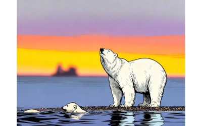 Selective Focus Shot Polar Bear Sunset (Ai Illustration Image + Vector Line Art)