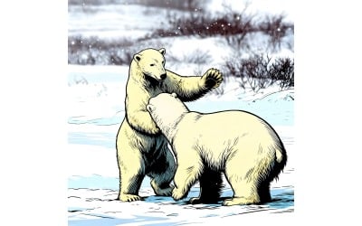 Two Polar Bears Are Playing With Each Other Tundra 1 (Ai Illustration Image + Vector Line Art)