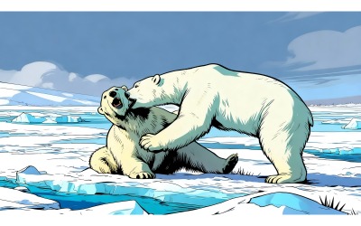 Two Polar Bears Are Playing With Each Other Tundra Canada (Ai Illustration Image + Vector Line Art)