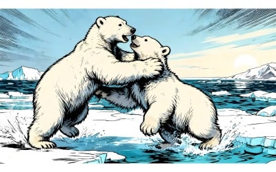 Two Young Wild Polar Bear Cubs Playing Pack Ice Sea North (Ai Illustration Image + Vector Line Art)