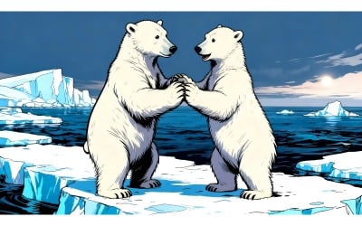 Two Young Wild Polar Bears Playing Pack Ice Arctic Sea (Ai Illustration Image + Vector Line Art)