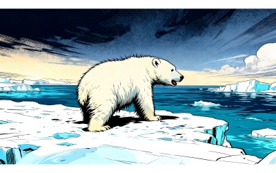Wild Polar Bear Cub Pack Ice (Ai Illustration Image + Vector Line Art)