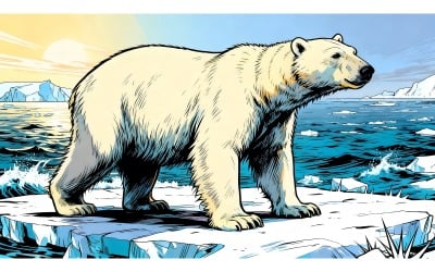 Oso polar salvaje en el hielo del Ártico 2 (ilustración con imagen AI + arte lineal vectorial)