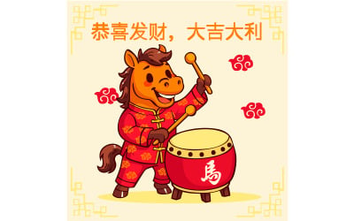 Caricatura de un caballo tocando alegremente la batería
