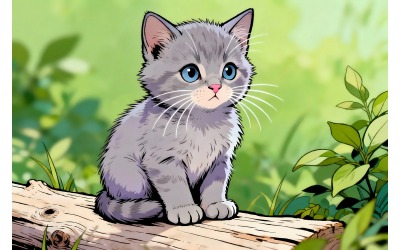 Close Up Gray Kitten Nature (Ai Illustration Image + Vector Line Art)