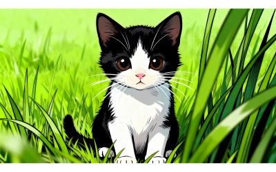 Little Cat Sitting Grass (Ai Illustration Image + Vector Line Art)