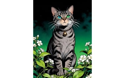 Lovely Gray Cat Sitting Outdoor (Ai Illustration Image + Vector Line Art)