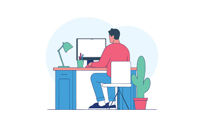 Un développeur freelance code sur un ordinateur dans un bureau à domicile propre et bien organisé.