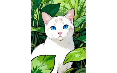 Portrait White Cat Sitting By Plants (Ai Illustration Image + Vector Line Art)